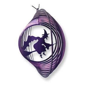 Witch Halloween decor, witch porch decor, classic witch wind spinner, witch flying on broomstick, garden wind spinner, fall decorating ideas