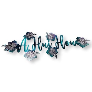 May include: A blue and purple floral design with the text "A Hui Hou" in a cursive font.