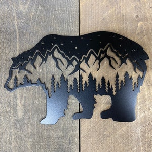 Bear with mountains and trees metal decor, cabin accent, rustic metal decor