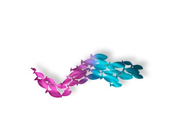 May include: A metal wall sculpture of a school of fish in a wave-like formation. The fish are made of metal and are painted in shades of pink and blue.