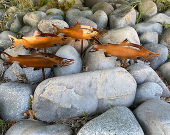 Salmon rock bed decor, metal salmon metal art, river rock salmon decor, metal salmon, metal fish decor, river rock garden decor