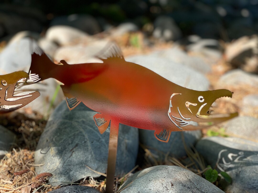 Sockeye Salmon Rock Bed Decor, Metal Salmon Metal Art, River Rock