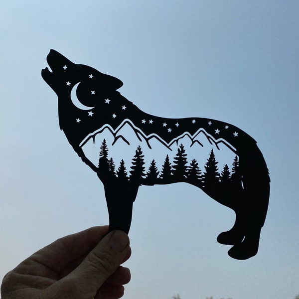 Wolf home decor, wolf metal decor, wolf with mountains and trees metal decor, cabin accent, rustic metal decor