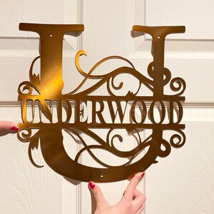 以下が含まれることがあります： 白いドアに取り付けられた、装飾的な書体で「U」と「UNDERWOOD」という名前が書かれた金色の金属製モノグラムです。