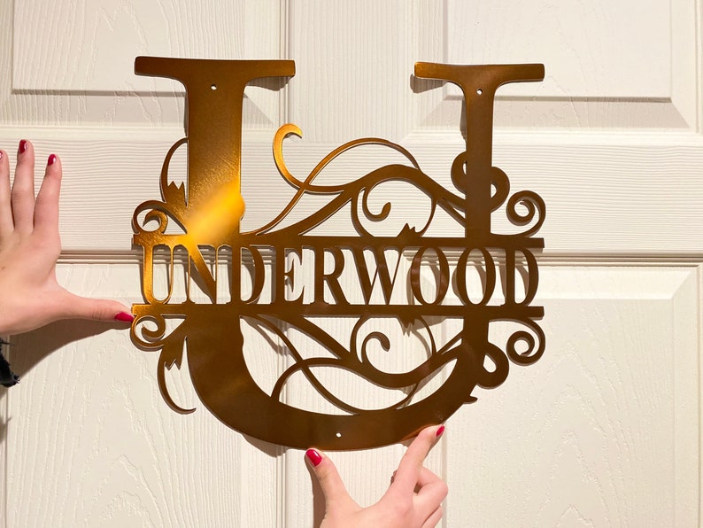 以下が含まれることがあります： 白いドアに取り付けられた、装飾的な書体で「U」と「UNDERWOOD」という名前が書かれた金色の金属製モノグラムです。