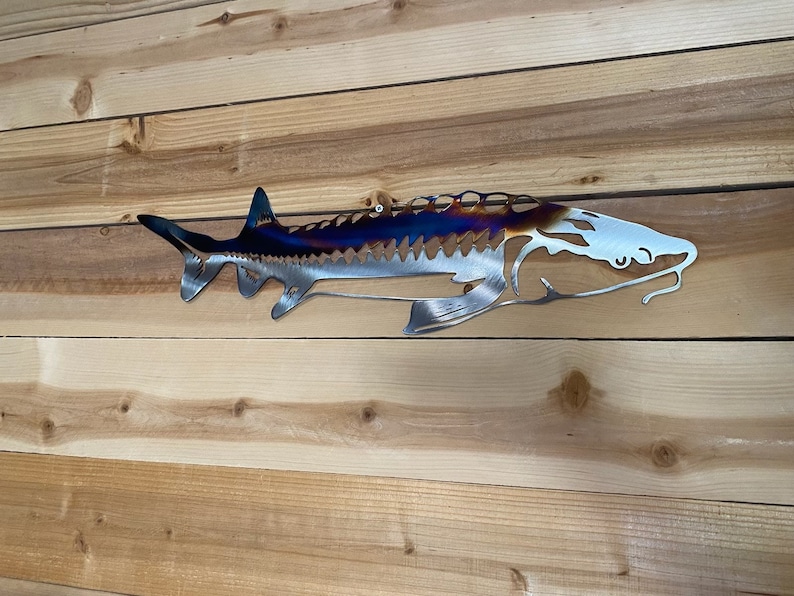 May include: A metal wall sculpture of a sturgeon fish with a blue, purple and orange iridescent finish. The fish is mounted on a light wood background.