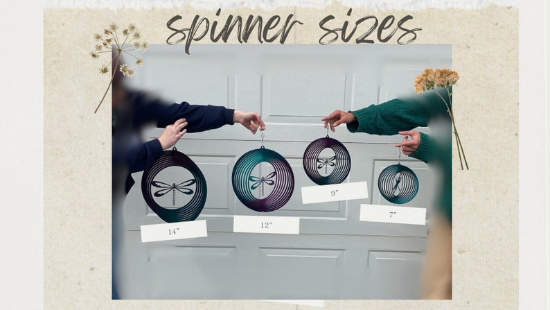 May include: Four different sizes of metal dragonfly wind spinners, ranging from 7 inches to 14 inches in diameter. The spinners are a gradient of teal and purple.
