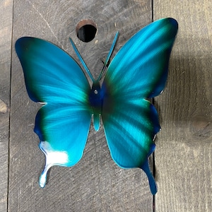 May include: A teal blue metal butterfly wall decor with a brushed finish. The butterfly has a dark blue center and is mounted on a wood background.