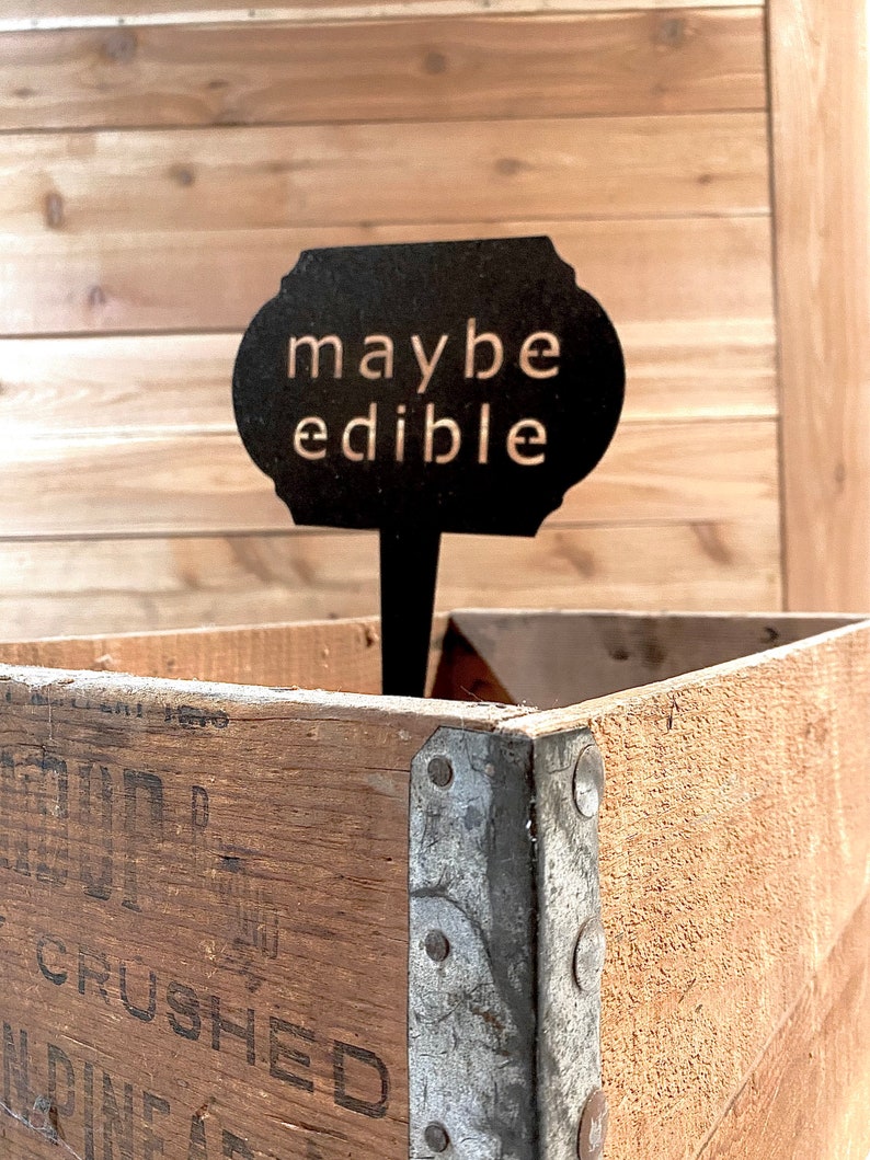 May include: A black metal sign with the text "maybe edible" on a wooden crate. The sign is attached to a metal stake.