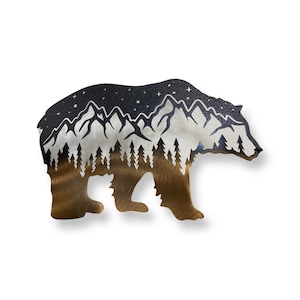 Colorful Bear metal art, bear cub art, bear with mountains trees and stars metal decor, cabin accent, rustic metal decor