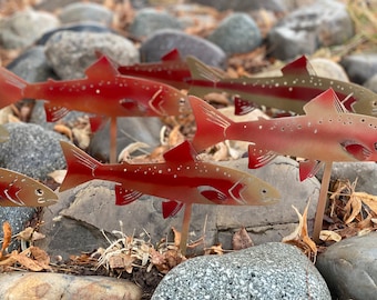 Trout rock bed decor set of 4, metal golden  trout metal art, river rock trout decor, metal trout, metal fish decor, river rock garden decor