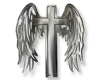 Cross with wings metal wall hanging, religious gift, metal cross, Angel wings, metal Angel wing decor