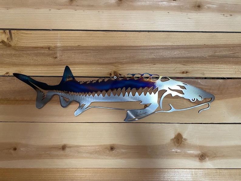 May include: A metal sculpture of a sturgeon fish with a blue and purple iridescent finish. The sculpture is mounted on a wooden wall.