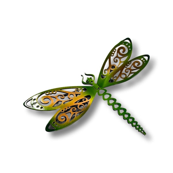Dragonfly with ornate designs, 12” wide metal dragonfly, colorful bright garden decor, front porch, girls room decor, spring redecoration