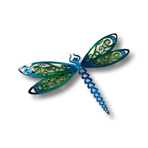 Dragonfly with ornate designs, 8” wide metal dragonfly, colorful bright garden decor, front porch, girls room decor, spring redecoration