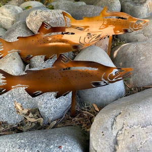 May include: Three metal salmon sculptures in a rusty brown color, arranged in a swimming formation on a bed of gray rocks.