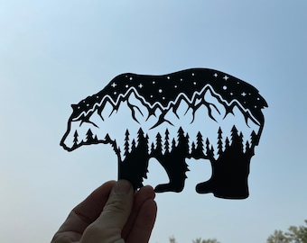 Bear metal art, bear cub art, bear with mountains and trees metal decor, cabin accent, rustic metal decor
