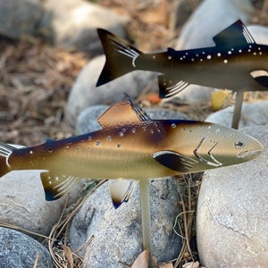 Trout rock bed decor set of 4, metal rainbow trout metal art, river rock trout decor, metal trout, metal fish decor, river rock garden decor
