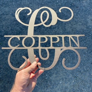 Modern Fancy vine split style name sign, last name sign, stylish personalized gift, wedding, anniversary, housewarming gift, metal monogram