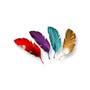 May include: Four metal feathers in different colors: red, purple, teal, and gold. The feathers are arranged in a fan shape.