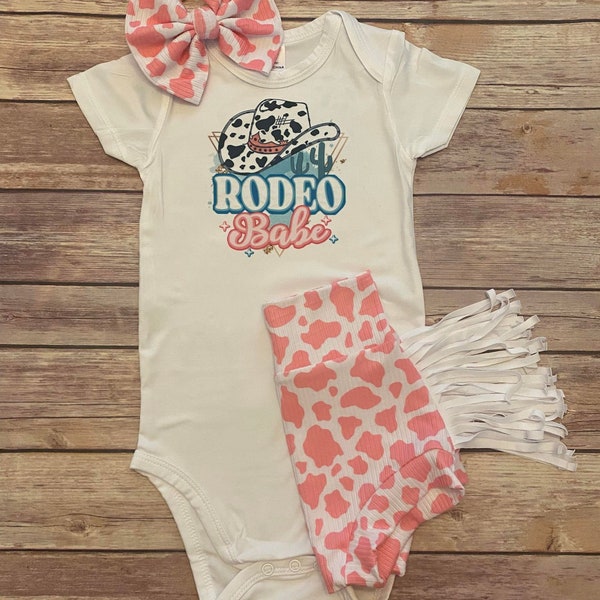 New Release! RODEO BABE Baby Girl Soft Knit Bummies and Bow Set - Pink Cowhide with fringe, Pink cow Spots