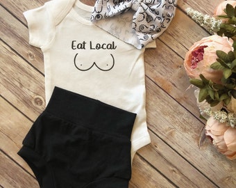 NEW** Baby Girl Soft Knit Bummies and Bow Set - Eat Local - boobies