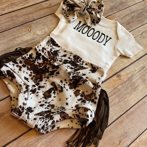 Cowhide with fringe + MOOODY Baby Girl Soft Knit Bummies and Bow Set - cowhide with fringe
