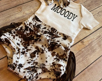 Cowhide with fringe + MOOODY Baby Girl Soft Knit Bummies and Bow Set - cowhide with fringe