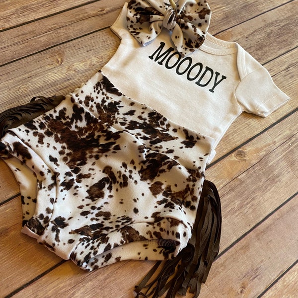 Cowhide with fringe + MOOODY Baby Girl Soft Knit Bummies and Bow Set - cowhide with fringe