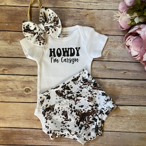 HOWDY Y’all + Newborn Personalized Announcement Bodysuit Cowhide Baby Girl Soft Knit Bummies and Bow Set - Photo Announcement