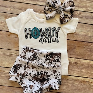 New Release! HOWDY DARLIN Baby Girl Soft Knit Bummies and Bow Set - cowhide