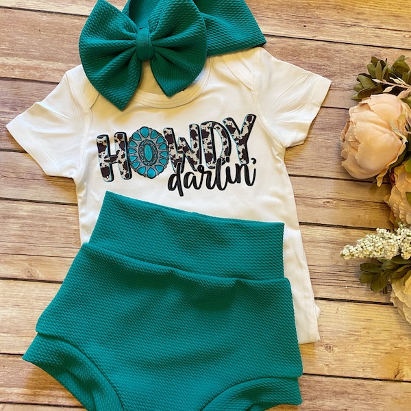 New Release! HOWDY DARLIN Baby Girl Soft Knit Bummies and Bow Set - turquoise teal