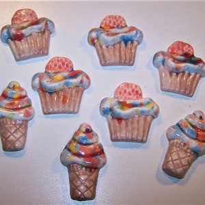 Ice Cream & Cupcakes 8 PC 2&quot; to 2-1/4&quot; Seconds Handmade Ceramic Mosaic Tiles Hand Painted OAK Glazed Artistic Crafts Magnets Hobby Colorful
