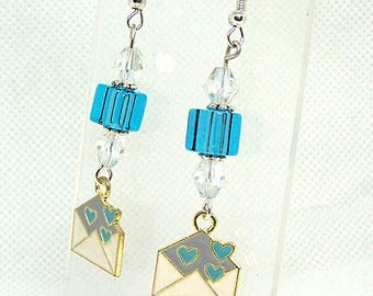 Love Letter Dangle Earrings Faceted Crystal Sparkle Enamel Charm Sparkle Blue Glass Pierced Formal Casual Beads Fashion Gifts Jewelry #A15