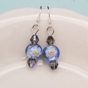 Vintage Blueberry Millefiori Earrings: Sterling Silver French Hooks, German Crystal Accents