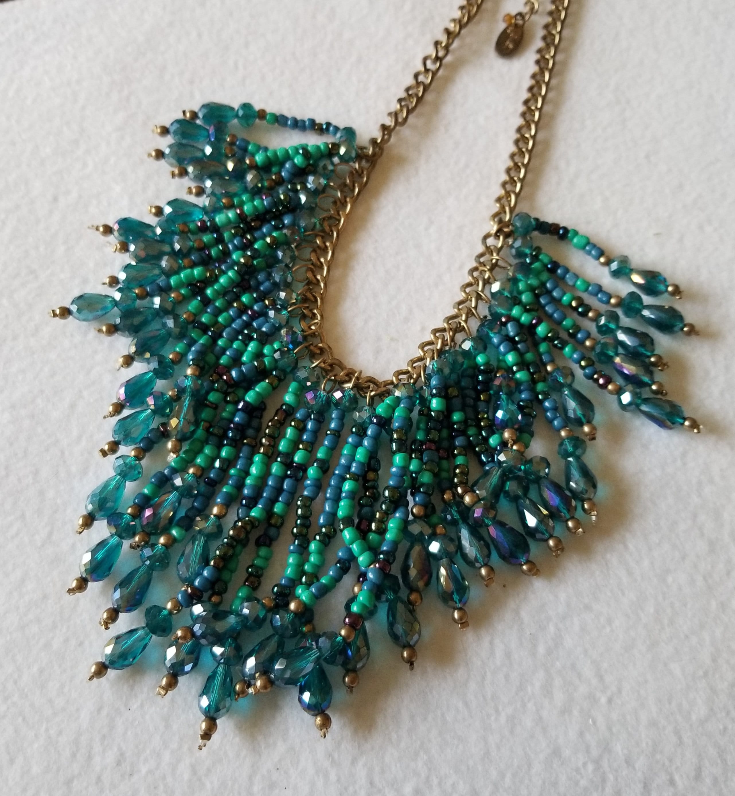 Blue Glass & Crystal Bib/Statement Style Necklace, 24" Gold Tone Mixed Metals, Signed "Jules"