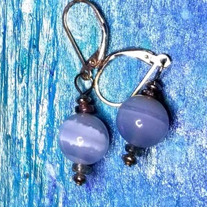 Blue Lace Agate Earrings: Sterling Silver, Ruby Accent Stones