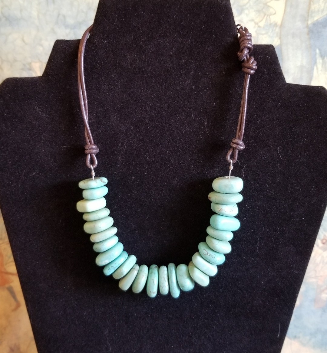 Rustic Knotted Leather Cord Necklace with Turquoise 263g