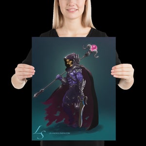 May include: A purple and black character with a skull face and a cape stands holding a staff with a pink orb on top. The character is holding a sword in their other hand. The background is a dark blue. The image is signed "LS LelandSolomon.com".