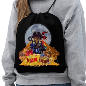 May include: Black drawstring bag with a pirate holding a treasure chest and parrot in front of a full moon. The pirate is wearing a blue shirt, red bandana, and black hat.