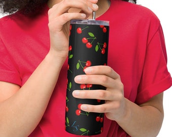Black Cherry Stainless Steel Tumbler, Red Cherry Gift, Black Cherry Cup, Rainier Cherry, Bing Cherry Tumbler, Red Cherry Christmas Present