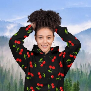 Black Cherry AOP Unisex Pullover Hoodie, Hoodie, Custom Hoodie, Essentials Hoodie, Cherry Hoodie, Graphic Hoodie, Fun Cherry, Cherry Gift