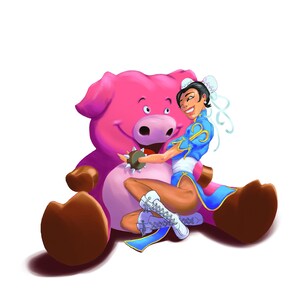 May include: A pink pig plush toy with a smiling face and brown feet. A woman in a blue and white outfit is hugging the pig and holding a spiked ball.