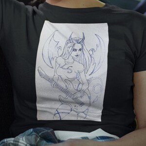 Devil Rock Girl Sketch Unisex Heavy Cotton T-Shirt, Female Devil Tshirt, Rock and Roll Girl Tshirt, Girl Guitar Player Tshirt, Cute Devil