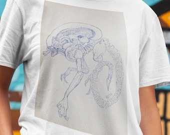 Camiseta de algodão pesado unissex Alien Sketch