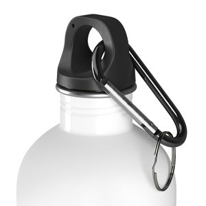 May include: White stainless steel water bottle with a black lid and a black carabiner clip.