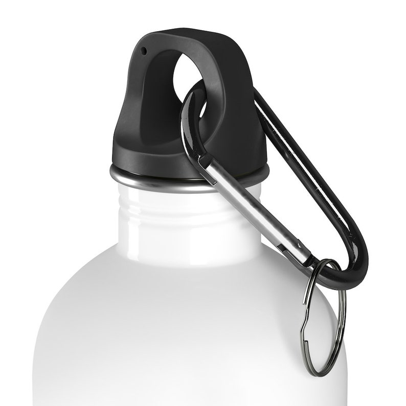 May include: White stainless steel water bottle with a black lid and a black carabiner clip.