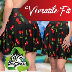 Puede incluir: Falda skater negra con estampado de cerezas. La falda está hecha de 95% poliéster.