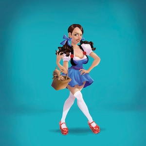 Może przedstawiać: Kobieta ubrana jak Dorothy z Czarnoksiężnika z Oz, w niebieskiej i białej sukience, czerwonych butach i białych pończochach. Trzyma koszyk z małym psem w środku. Tło jest jednolite niebieskie.