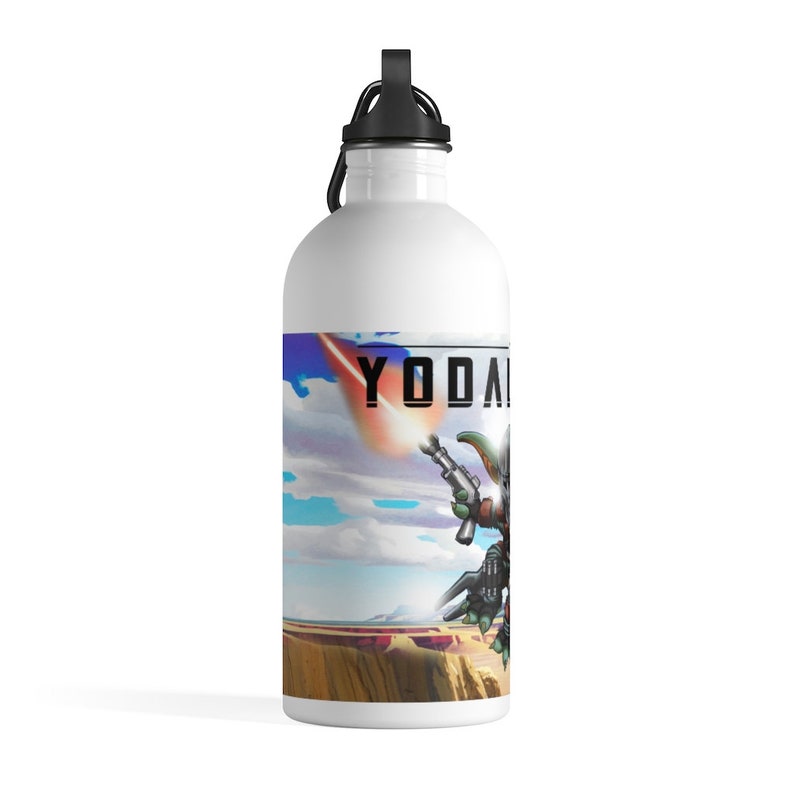 May include: White stainless steel water bottle with a black lid and a graphic of a green character holding a blaster with the text "YODA" on the side.